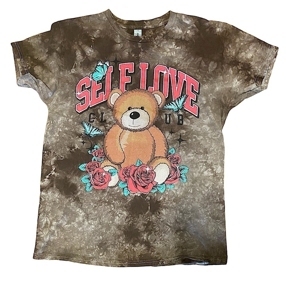 Self love bear tie dye brown white short sleeve graphic tee shirt T-shirt